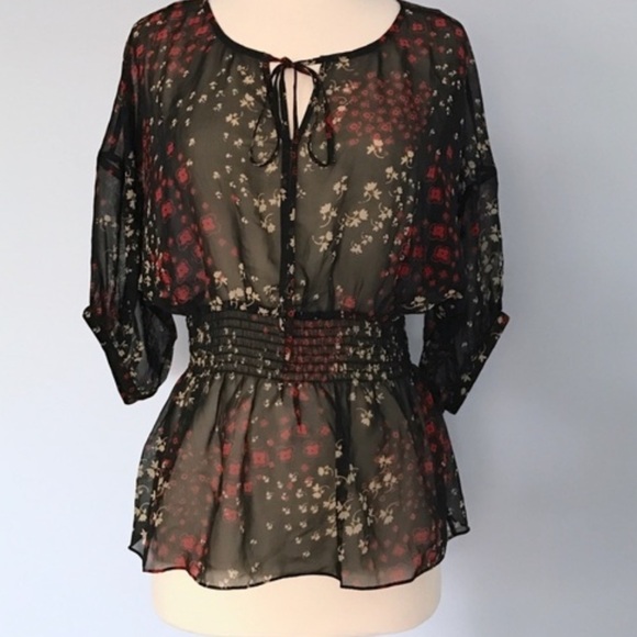 Anthropologie Fei Floral Silk Sheer 3/4 Sleeve Top - Picture 1 of 14